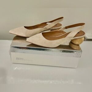 Matiko Cream Slingback Heels with Unique Wooden Heel